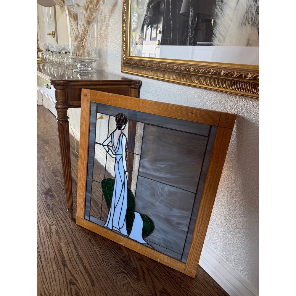 Vintage Handmade gorgeous blue beige and green stained glass woman portrait art